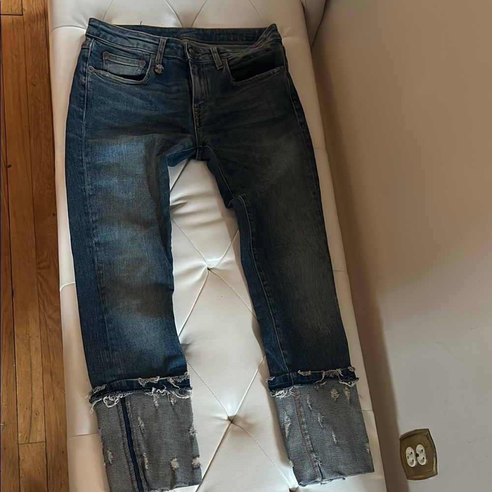 R13 Distressed Blue Jeans with Frayed Hem